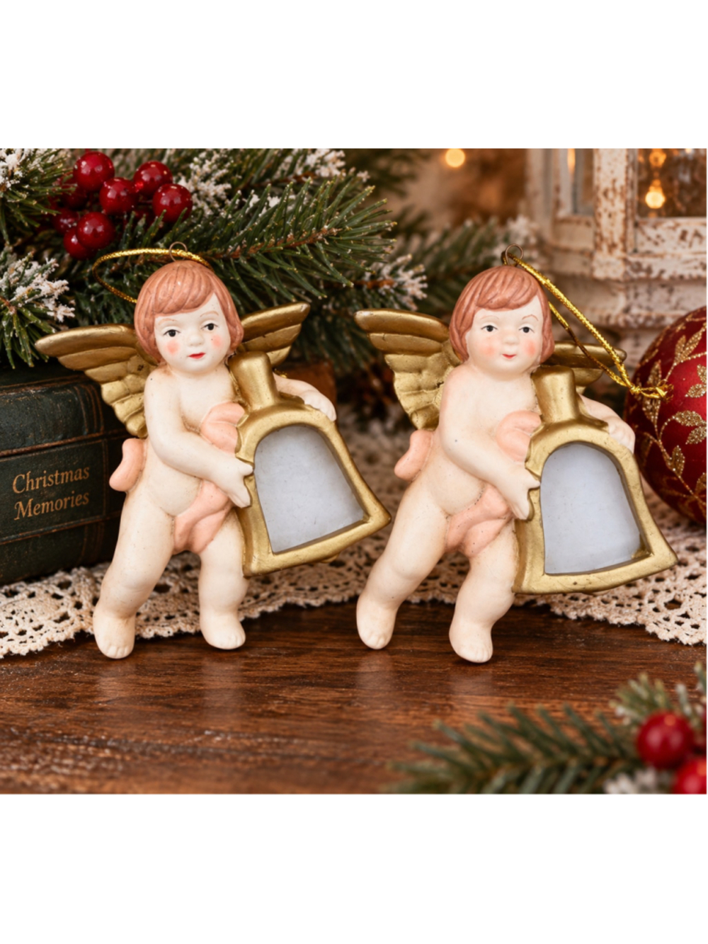Vintage Cherub Angel Photo Frame Christmas Ornaments Gold Bell Set of 2
